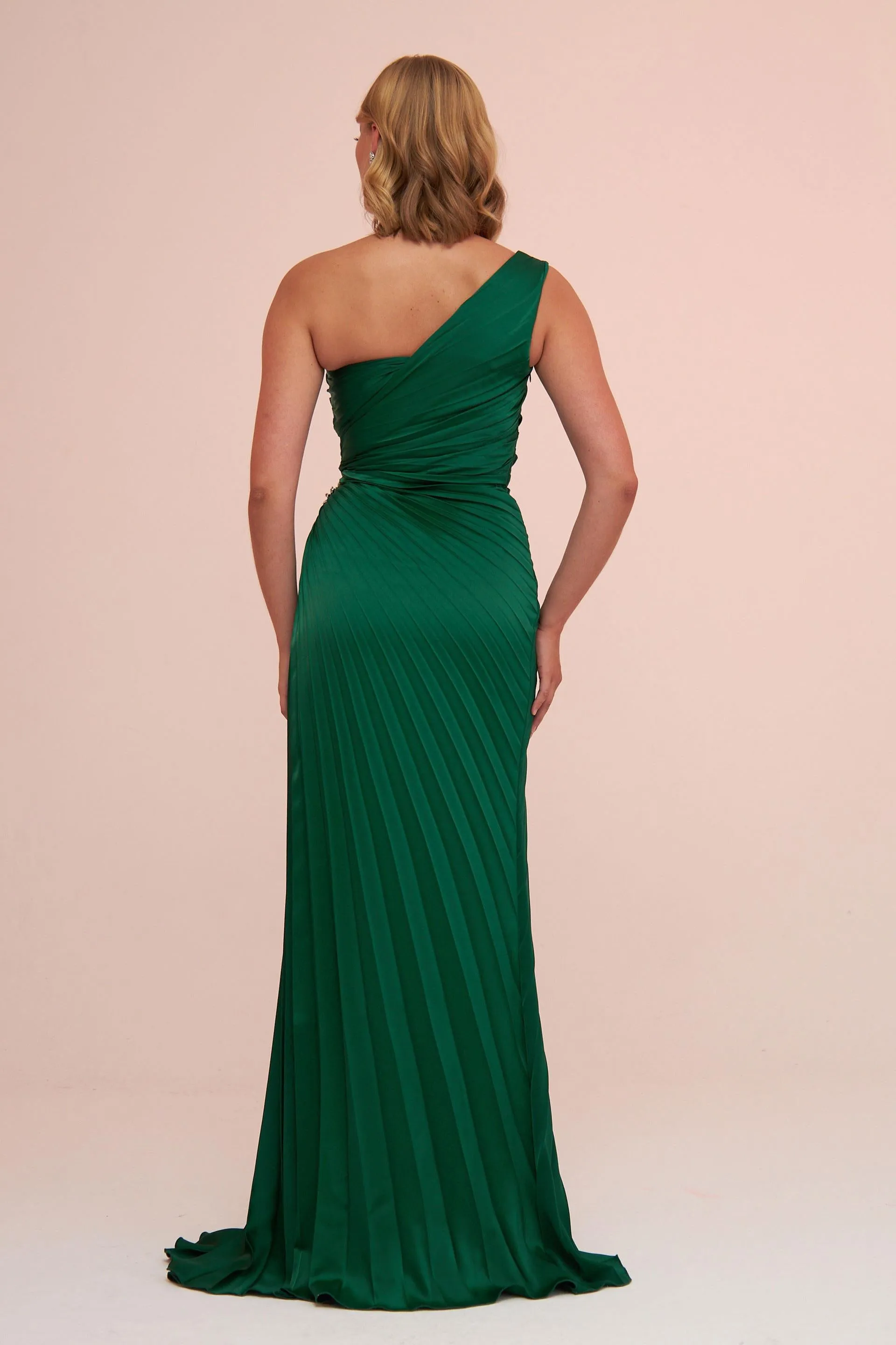 Angelino Emerald Plisoley Single Sleeve Stone Slit Long Evening Dress