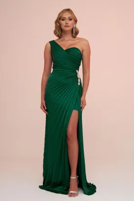 Angelino Emerald Plisoley Single Sleeve Stone Slit Long Evening Dress