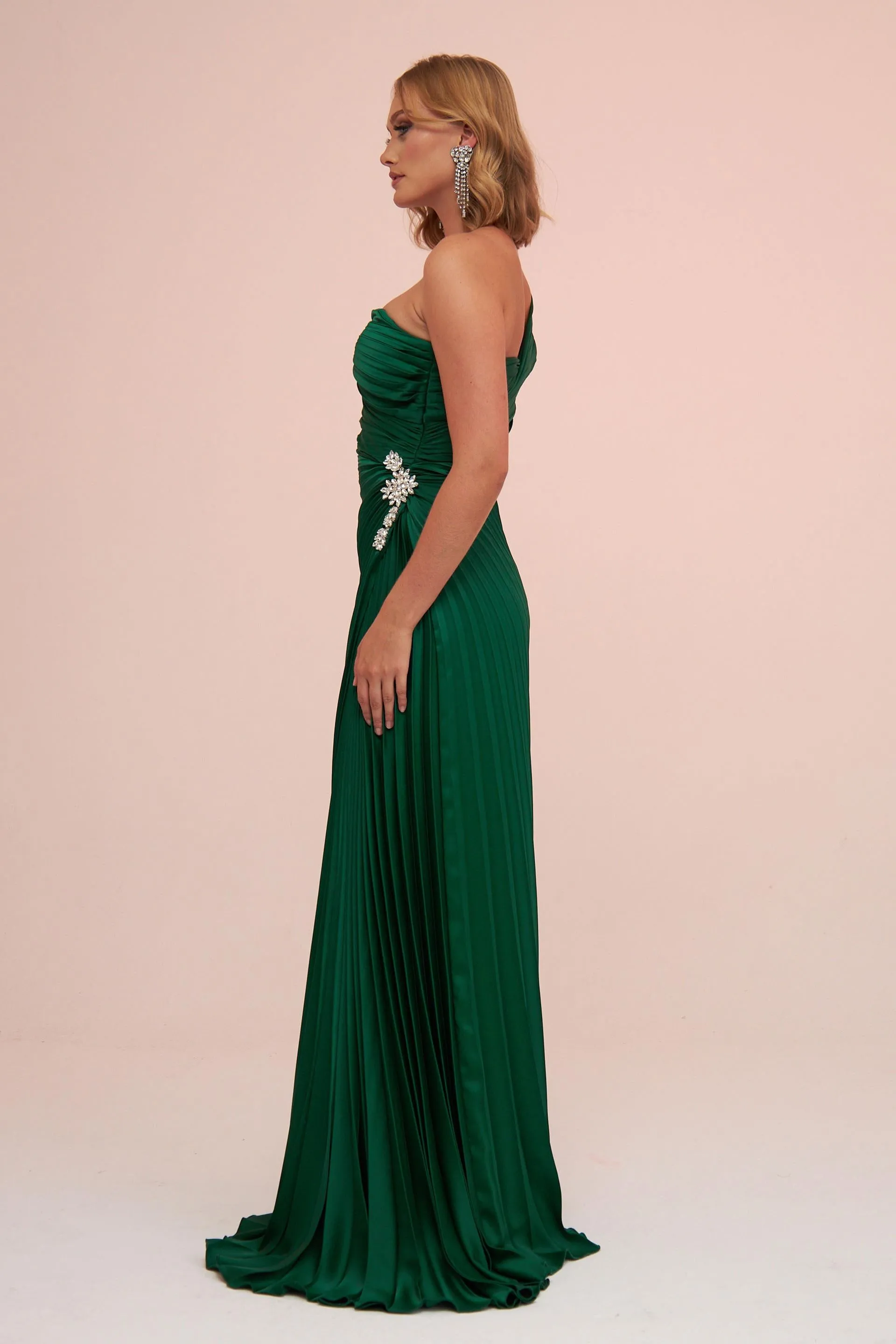 Angelino Emerald Plisoley Single Sleeve Stone Slit Long Evening Dress