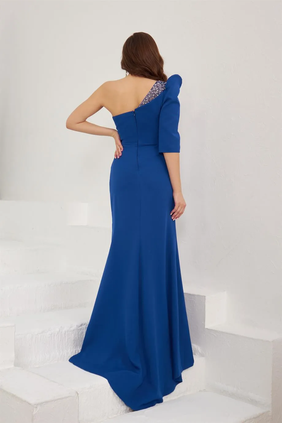 Angelino Saks Crepe One Shoulder Long Evening Dress and Invitation Dress