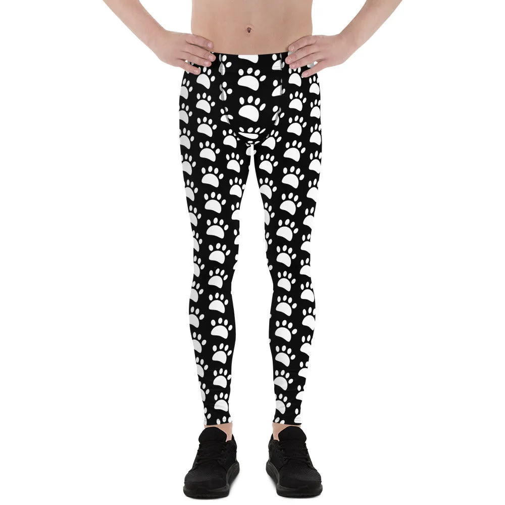 Animal Paw Black White Meggings, Cute White Print Black Men's Leggings Compression Running Tights