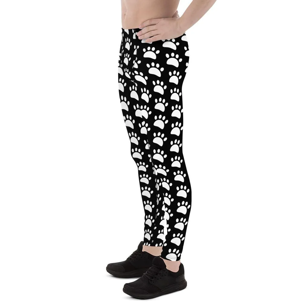 Animal Paw Black White Meggings, Cute White Print Black Men's Leggings Compression Running Tights