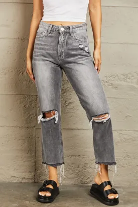 BAYEAS Stone Wash Distressed Cropped Straight Jeans