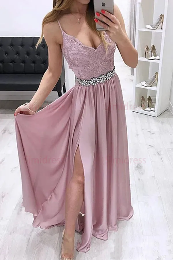 Beautiful Satin Spaghetti Straps Lace V-neck Rhinestone Prom Dresses With Split, SP518