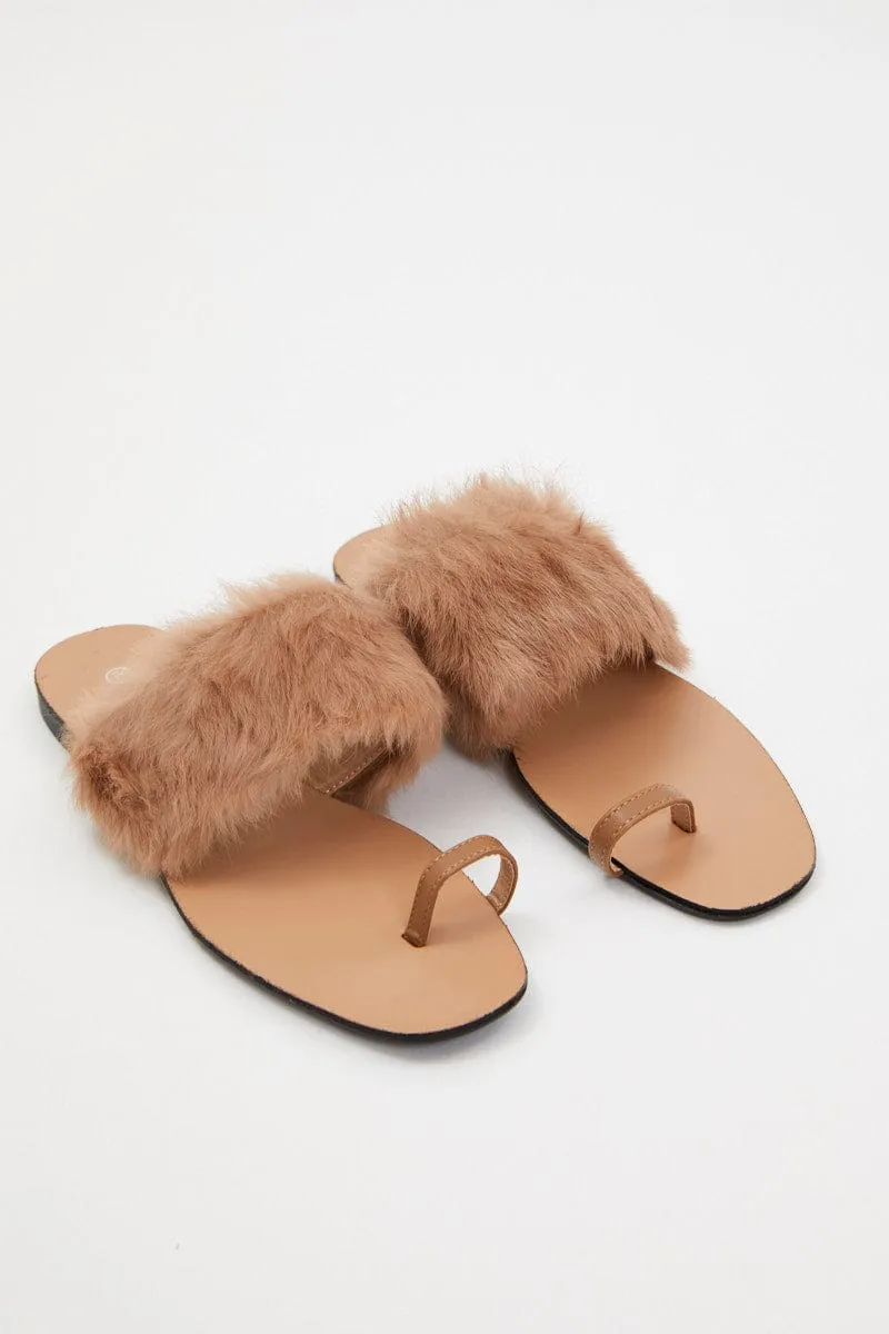 Beige Faux Fur Flat Slides