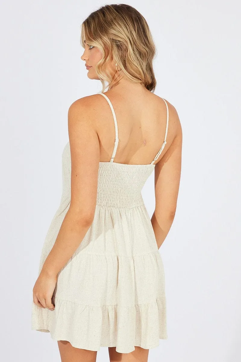 Beige Fit and Flare Dress Sleeveless Tiered