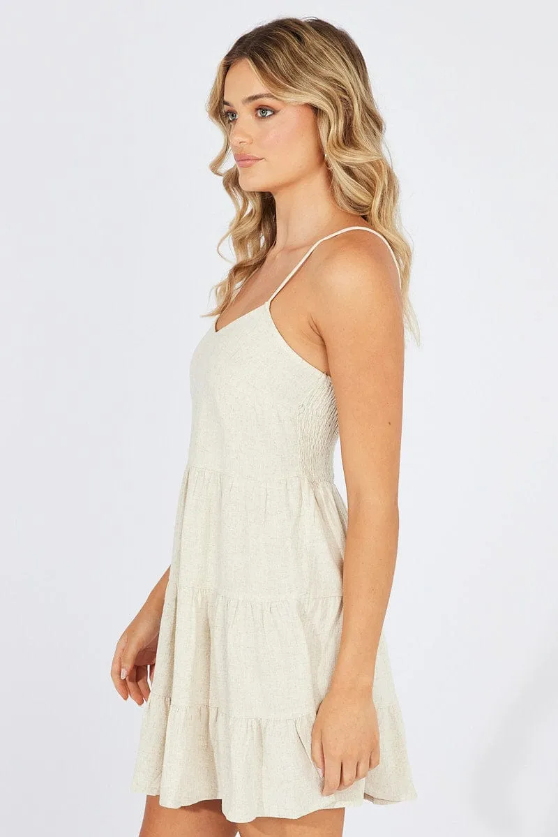 Beige Fit and Flare Dress Sleeveless Tiered