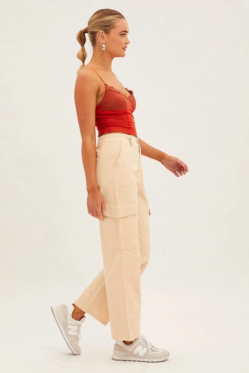 Beige High Rise Wide Leg Cargo Pants