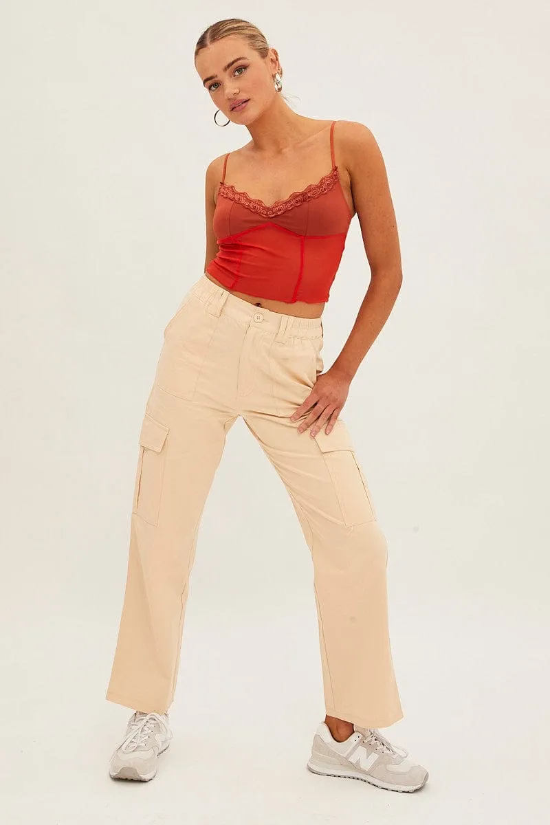 Beige High Rise Wide Leg Cargo Pants