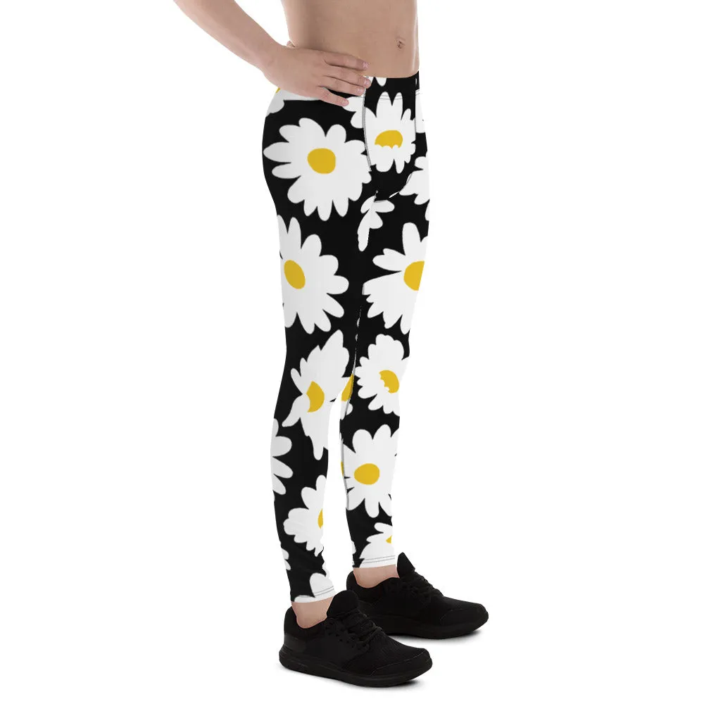 Black Daisies Floral Men's Leggings, Daisies Floral Print Men's Running Tights-Made in USA/EU/MX