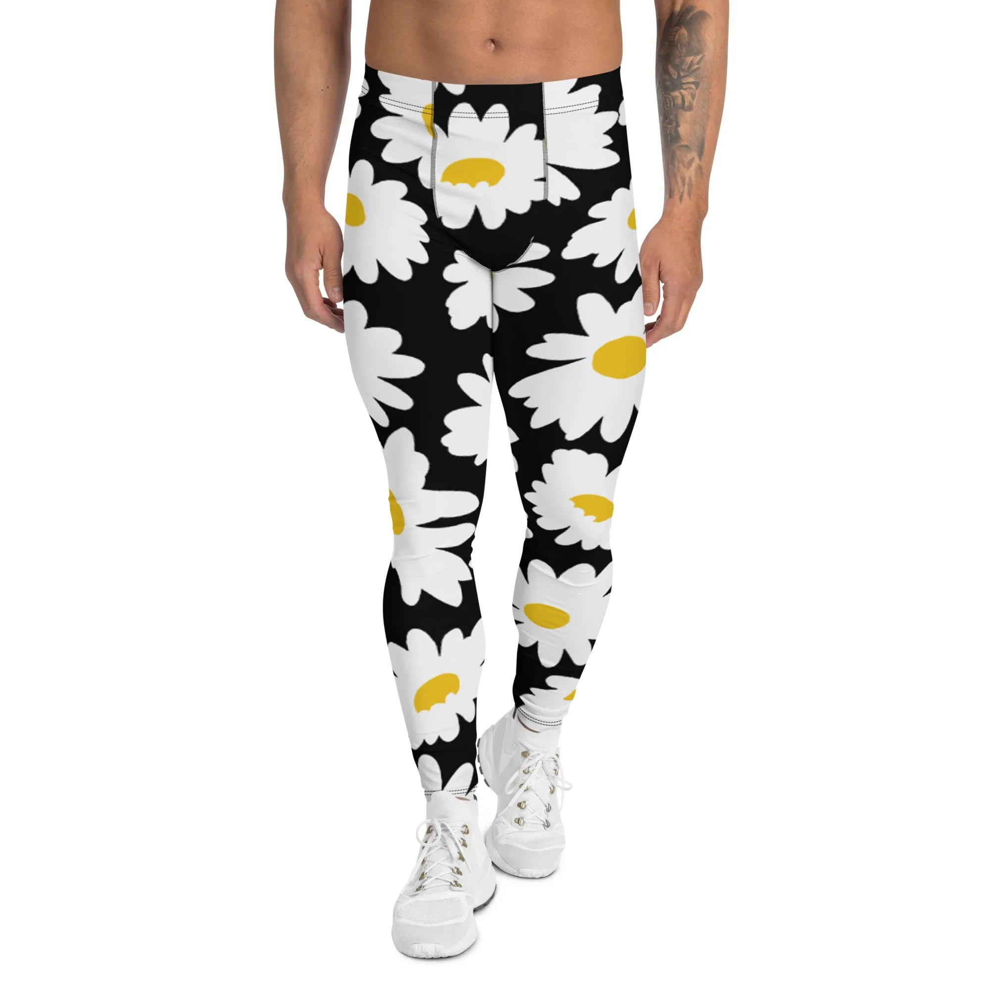 Black Daisies Floral Men's Leggings, Daisies Floral Print Men's Running Tights-Made in USA/EU/MX