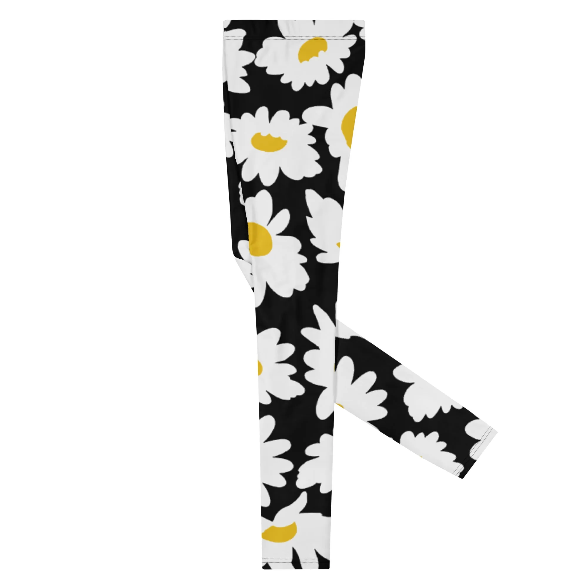 Black Daisies Floral Men's Leggings, Daisies Floral Print Men's Running Tights-Made in USA/EU/MX