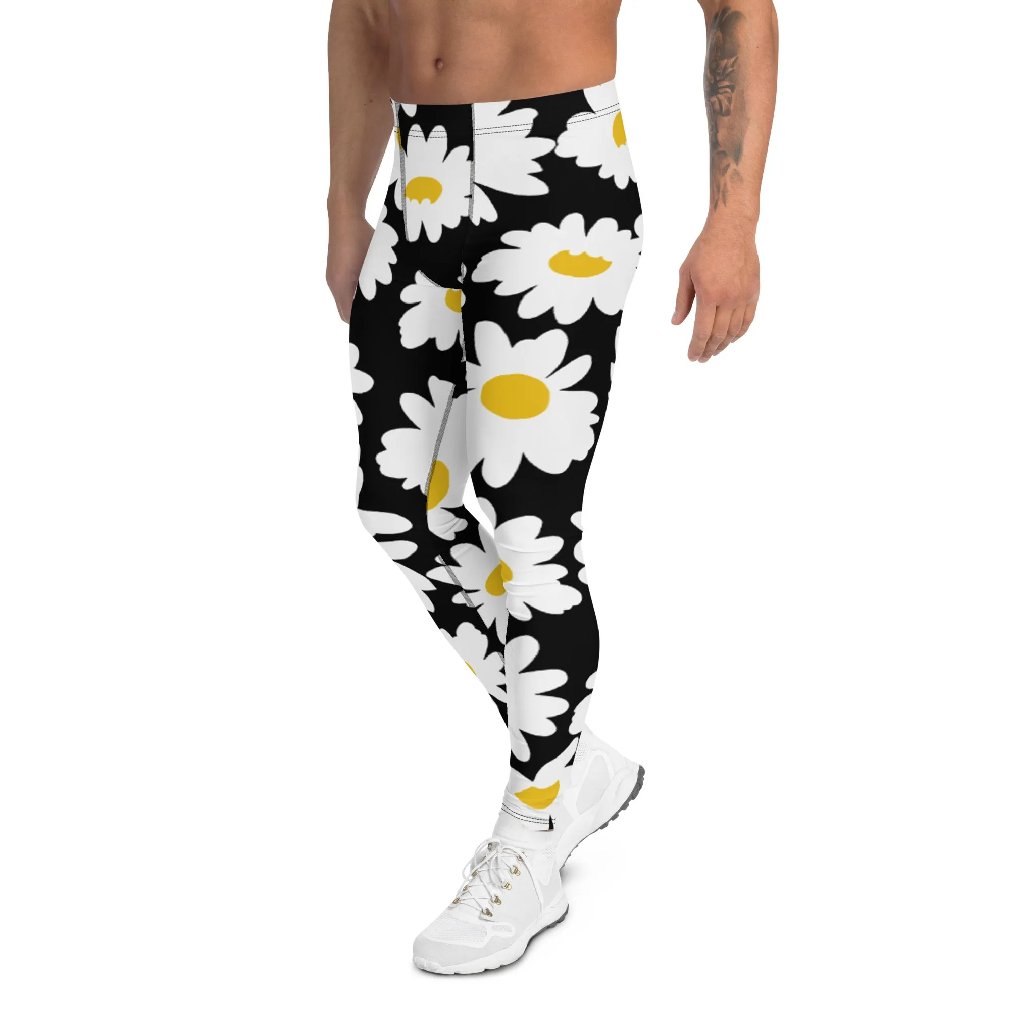 Black Daisies Floral Men's Leggings, Daisies Floral Print Men's Running Tights-Made in USA/EU/MX