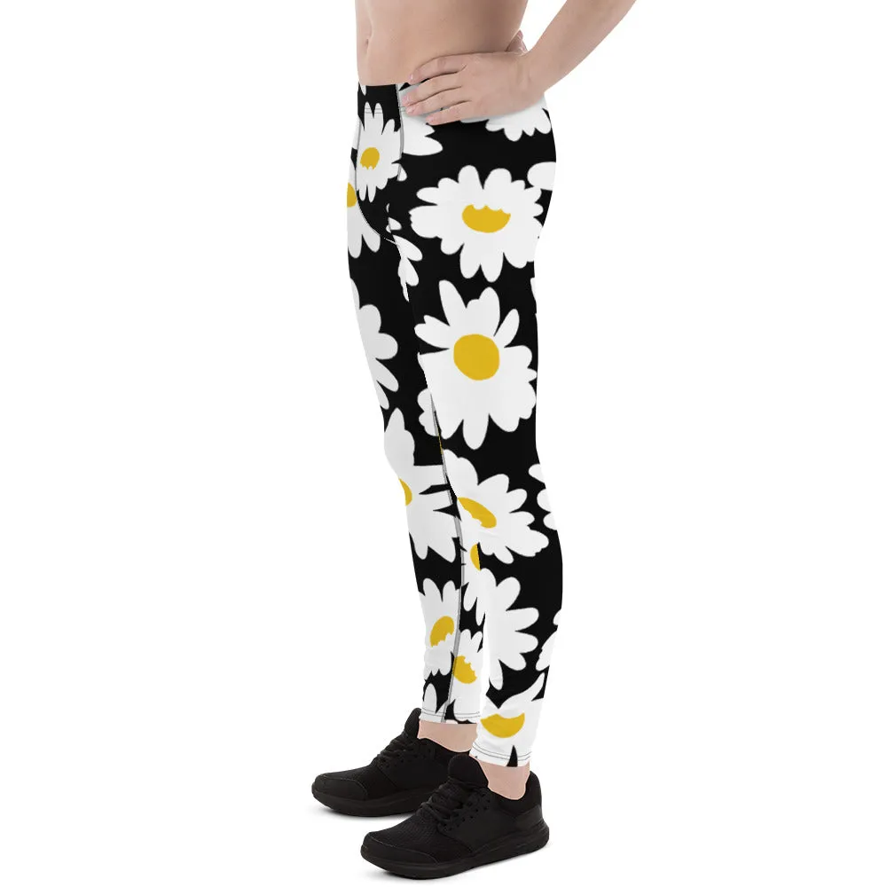 Black Daisies Floral Men's Leggings, Daisies Floral Print Men's Running Tights-Made in USA/EU/MX