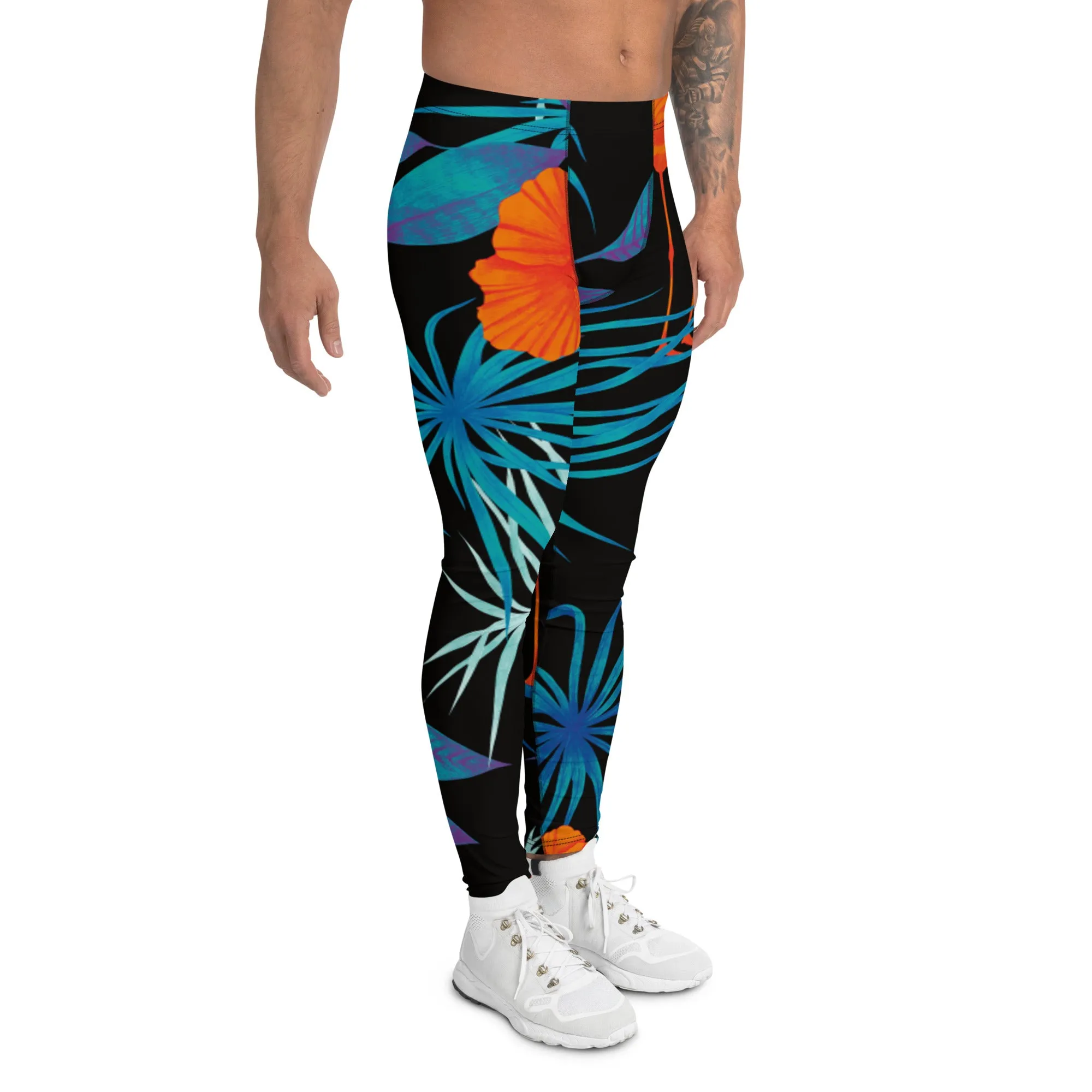 Black Flamingo Tropical Men's Leggings, Tropical Leaves Print Designer Running Compression Tights For Men - Made in USA/EU/MX