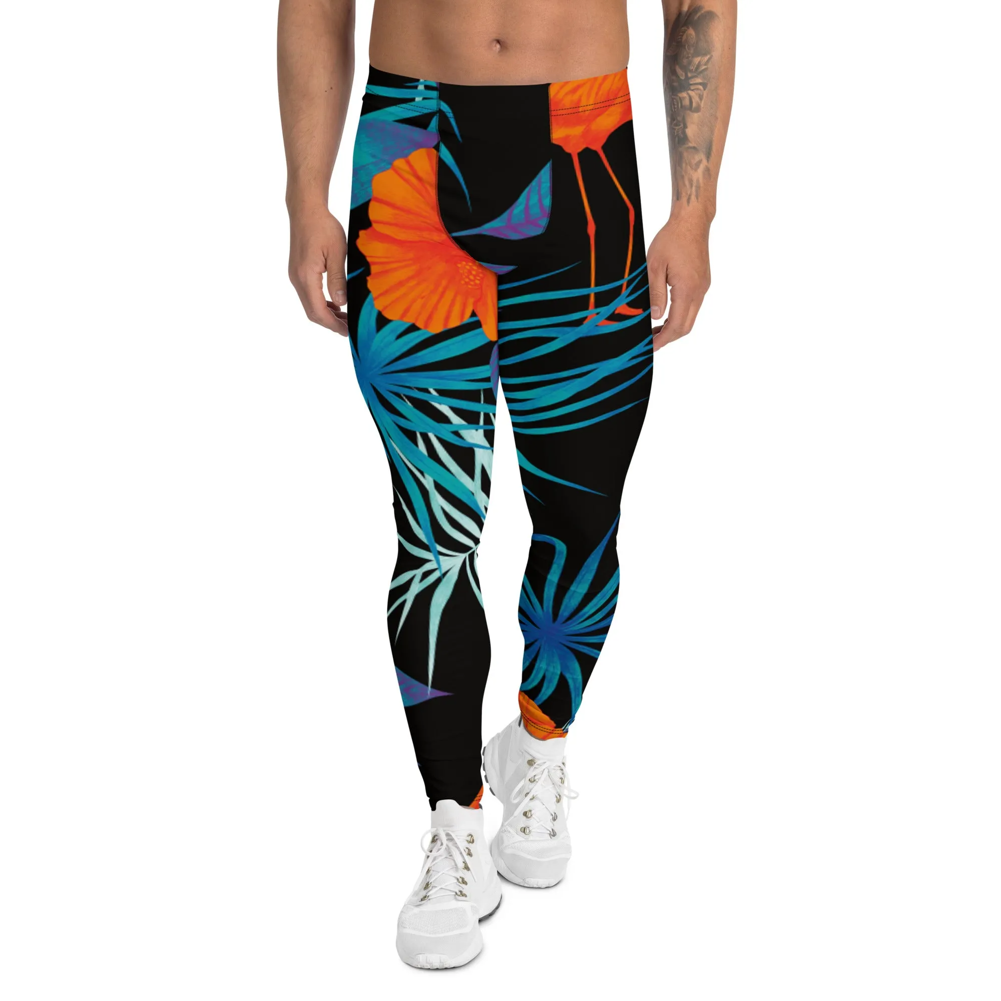 Black Flamingo Tropical Men's Leggings, Tropical Leaves Print Designer Running Compression Tights For Men - Made in USA/EU/MX