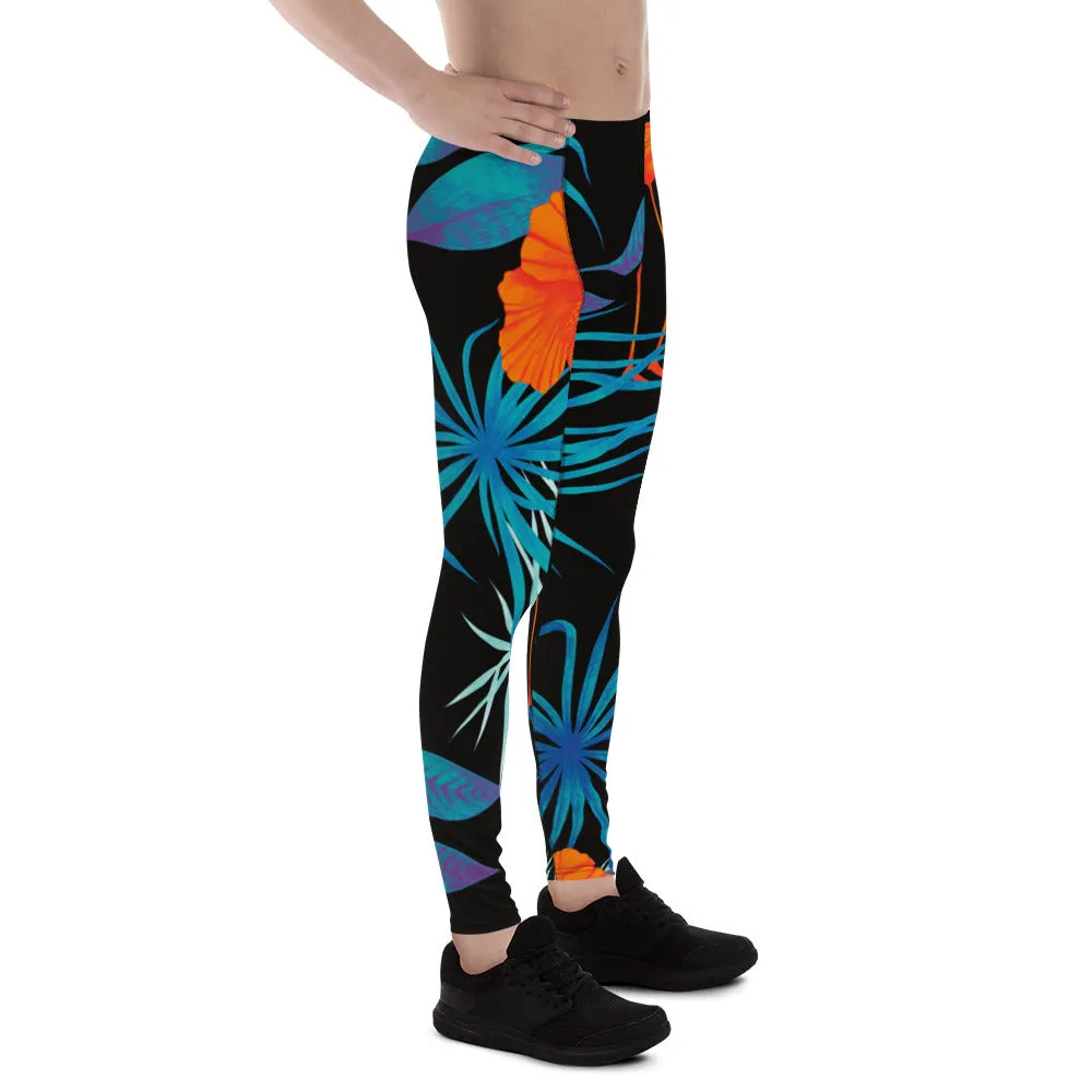 Black Flamingo Tropical Men's Leggings, Tropical Leaves Print Designer Running Compression Tights For Men - Made in USA/EU/MX