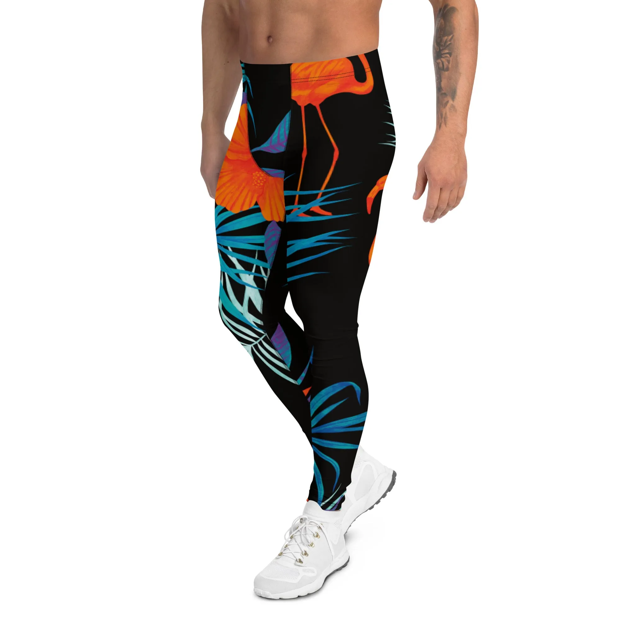 Black Flamingo Tropical Men's Leggings, Tropical Leaves Print Designer Running Compression Tights For Men - Made in USA/EU/MX