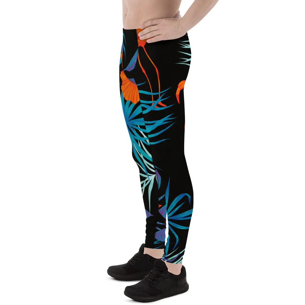 Black Flamingo Tropical Men's Leggings, Tropical Leaves Print Designer Running Compression Tights For Men - Made in USA/EU/MX