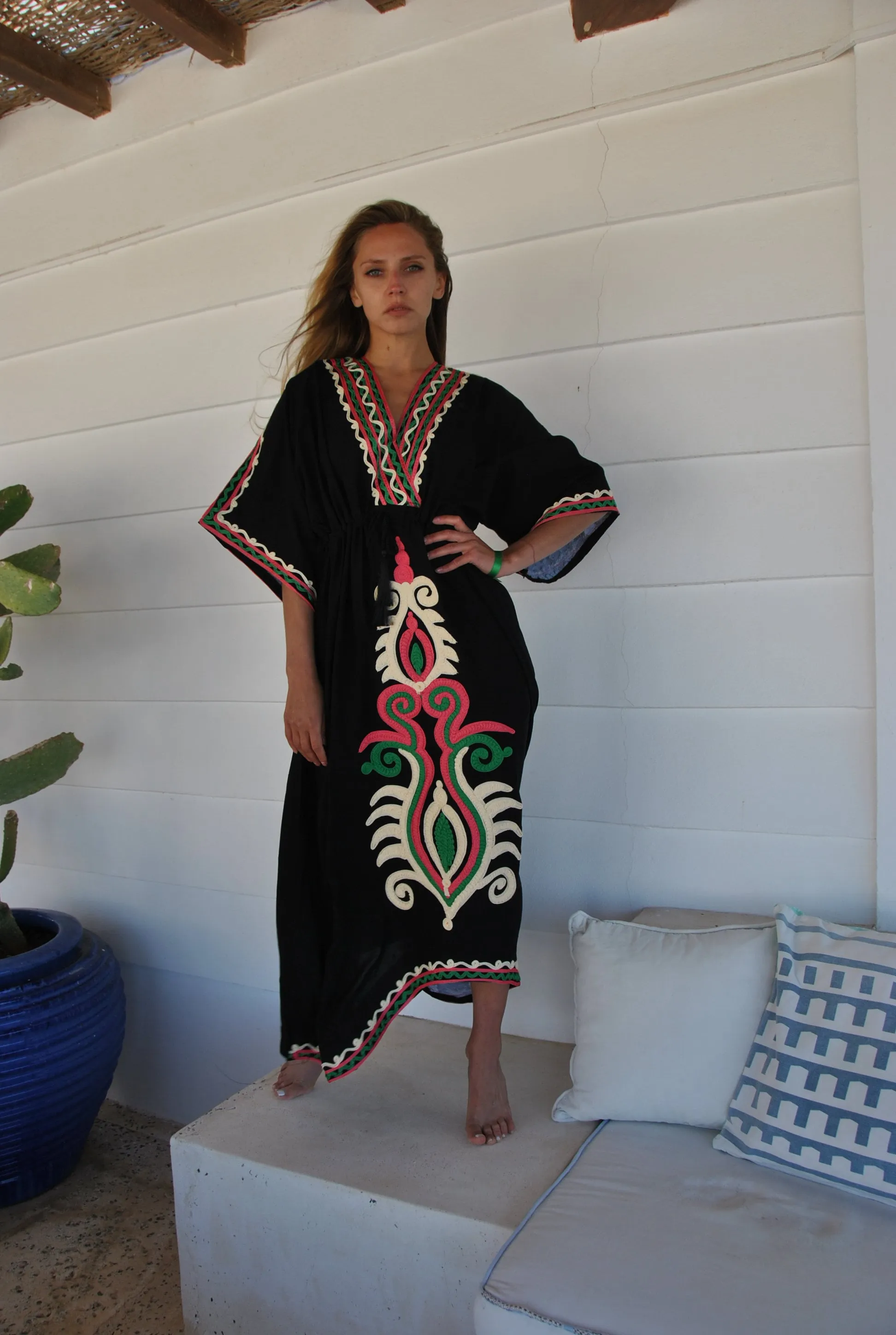 Black Hand Embroidered kaftan dress, cotton Kaftan dress, embroidered kaftan, women kaftans, caftans for women, caftans, summer kaftans