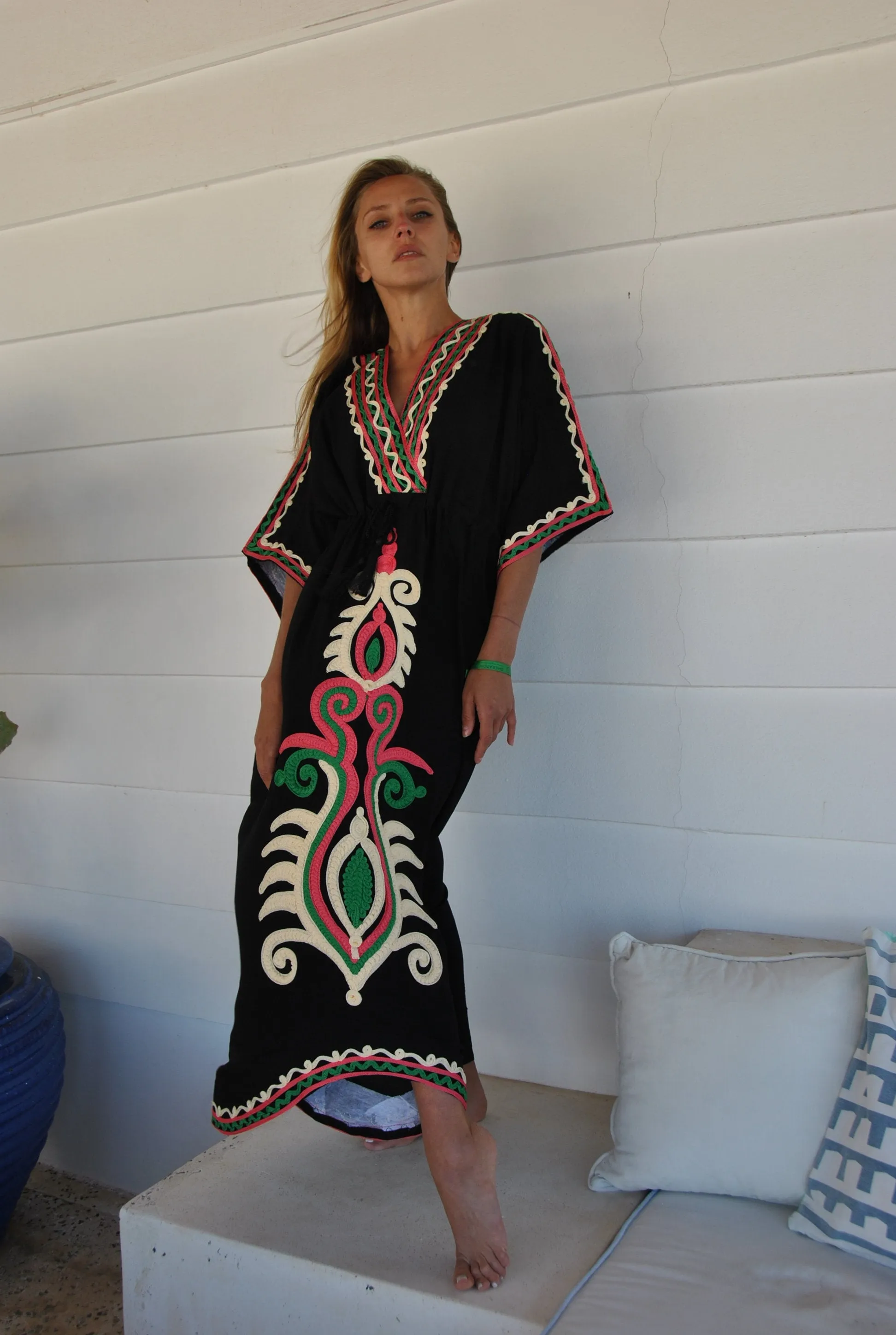 Black Hand Embroidered kaftan dress, cotton Kaftan dress, embroidered kaftan, women kaftans, caftans for women, caftans, summer kaftans