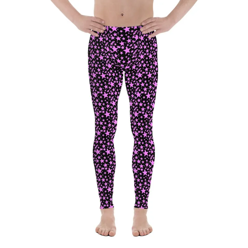 Black Pink Star Print Men's Leggings, Premium Meggings Running Tights-Made in USA/EU