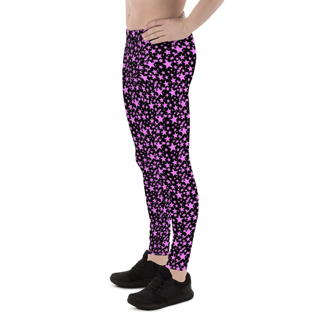 Black Pink Star Print Men's Leggings, Premium Meggings Running Tights-Made in USA/EU