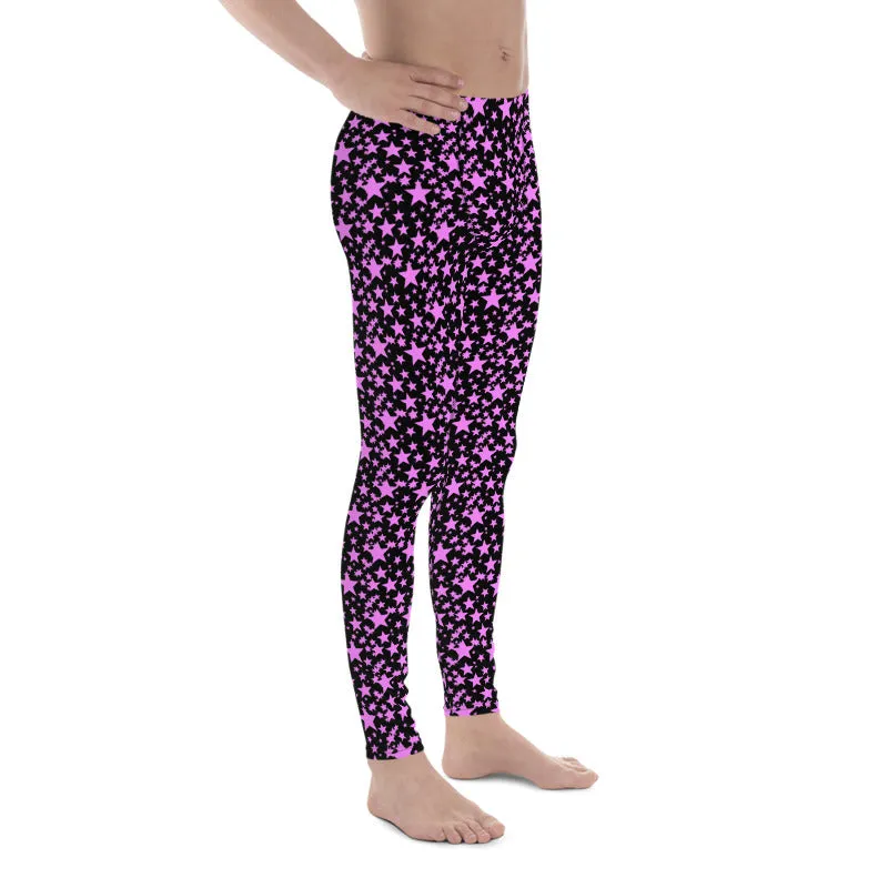 Black Pink Star Print Men's Leggings, Premium Meggings Running Tights-Made in USA/EU