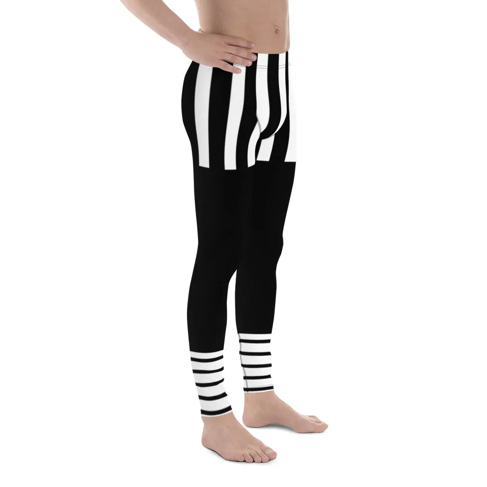 Black Striped Best Men's Leggings, Vertical Striped Black White Men's Running Tights - Made in USA/EU