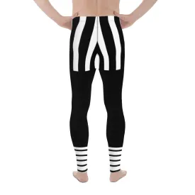 Black Striped Best Men's Leggings, Vertical Striped Black White Men's Running Tights - Made in USA/EU