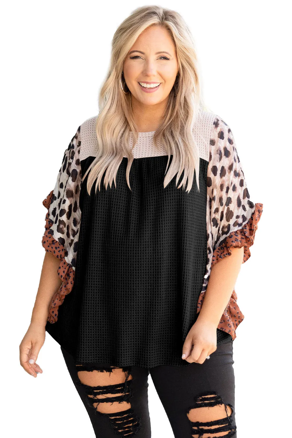 Black Waffle Knit Animal Print Ruffle Sleeves Plus Size Top