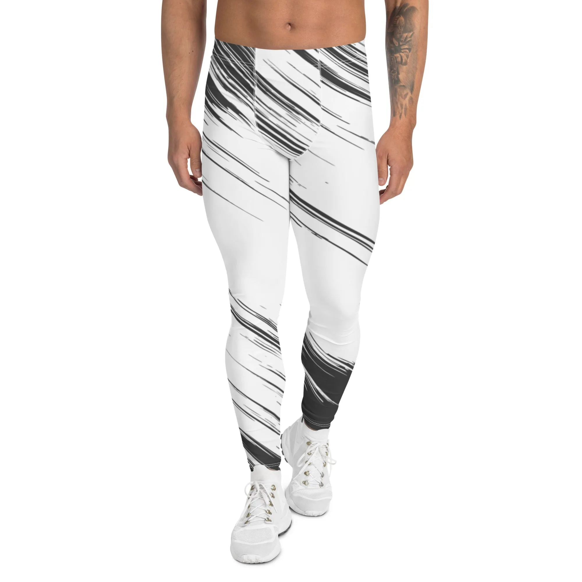 Black White Abstract Men's Leggings, Best Modern Minimalist Premium Meggings Running Tights-Made in USA/EU