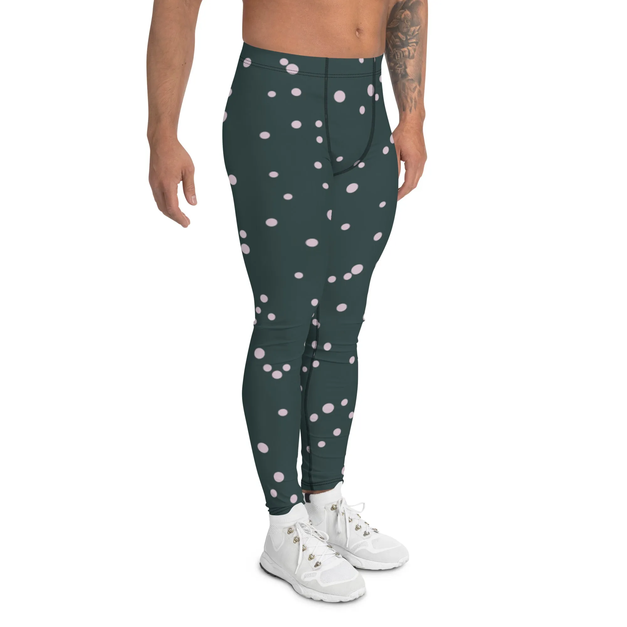 Black White Dotted Men's Leggings, Premium Fun Men's Running Tights For Polka Dots Lovers-Made in USA/EU/MX