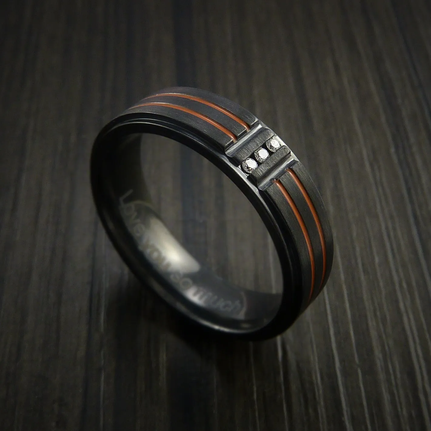 Black Zirconium and Three Diamond Men's Ring with Color Inlay