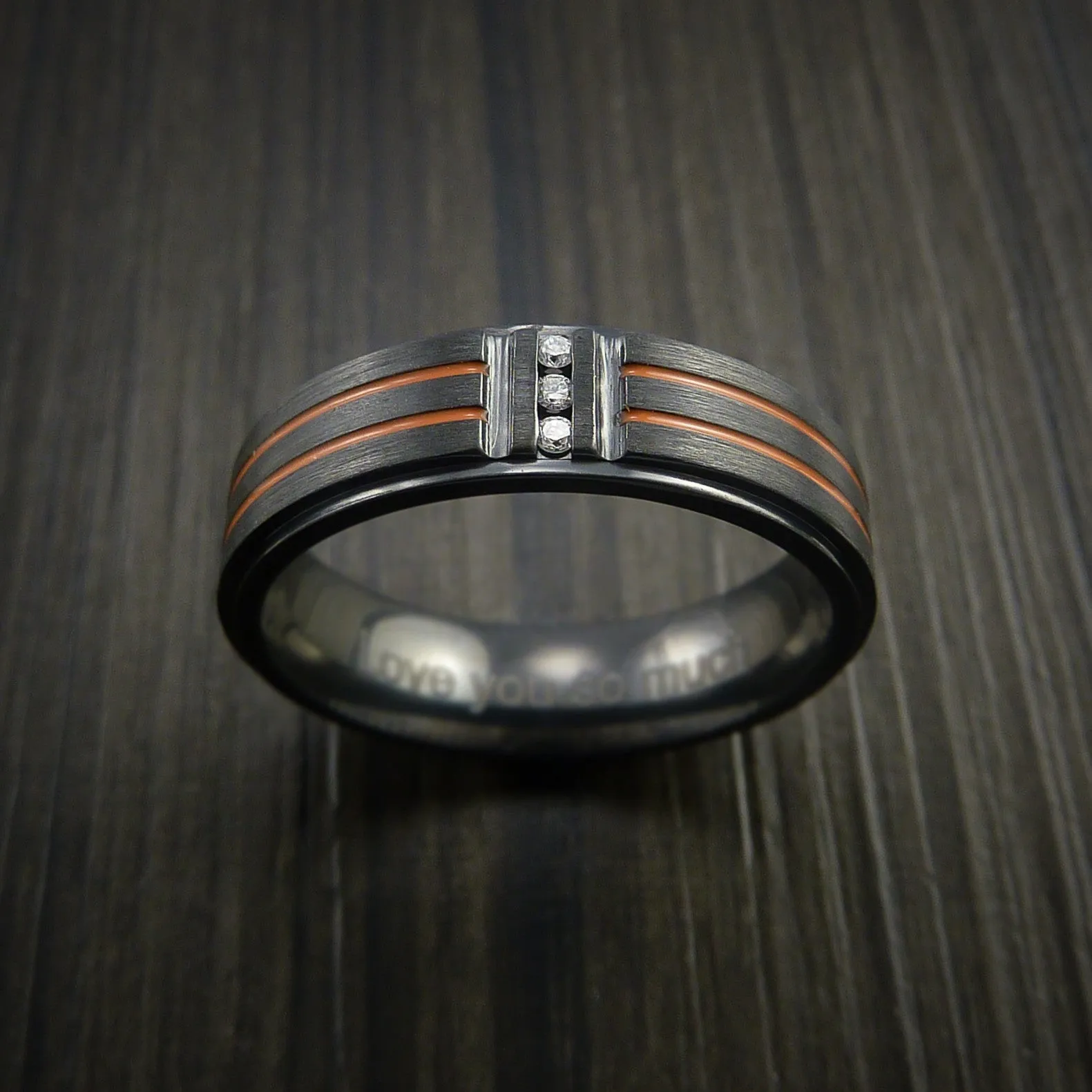 Black Zirconium and Three Diamond Men's Ring with Color Inlay