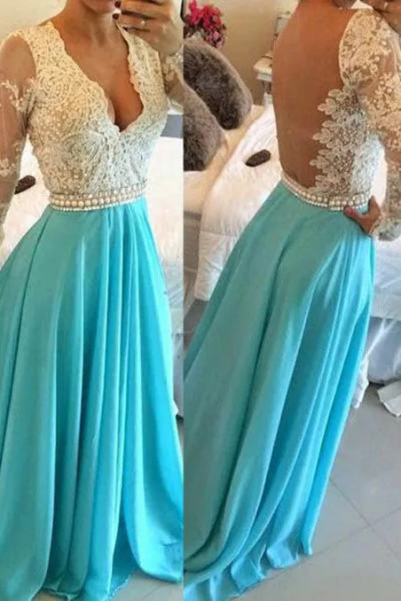 Blue V-neck Chiffon Open Back Prom Dress,Evening Prom Dress With Long Sleeves,SVD437