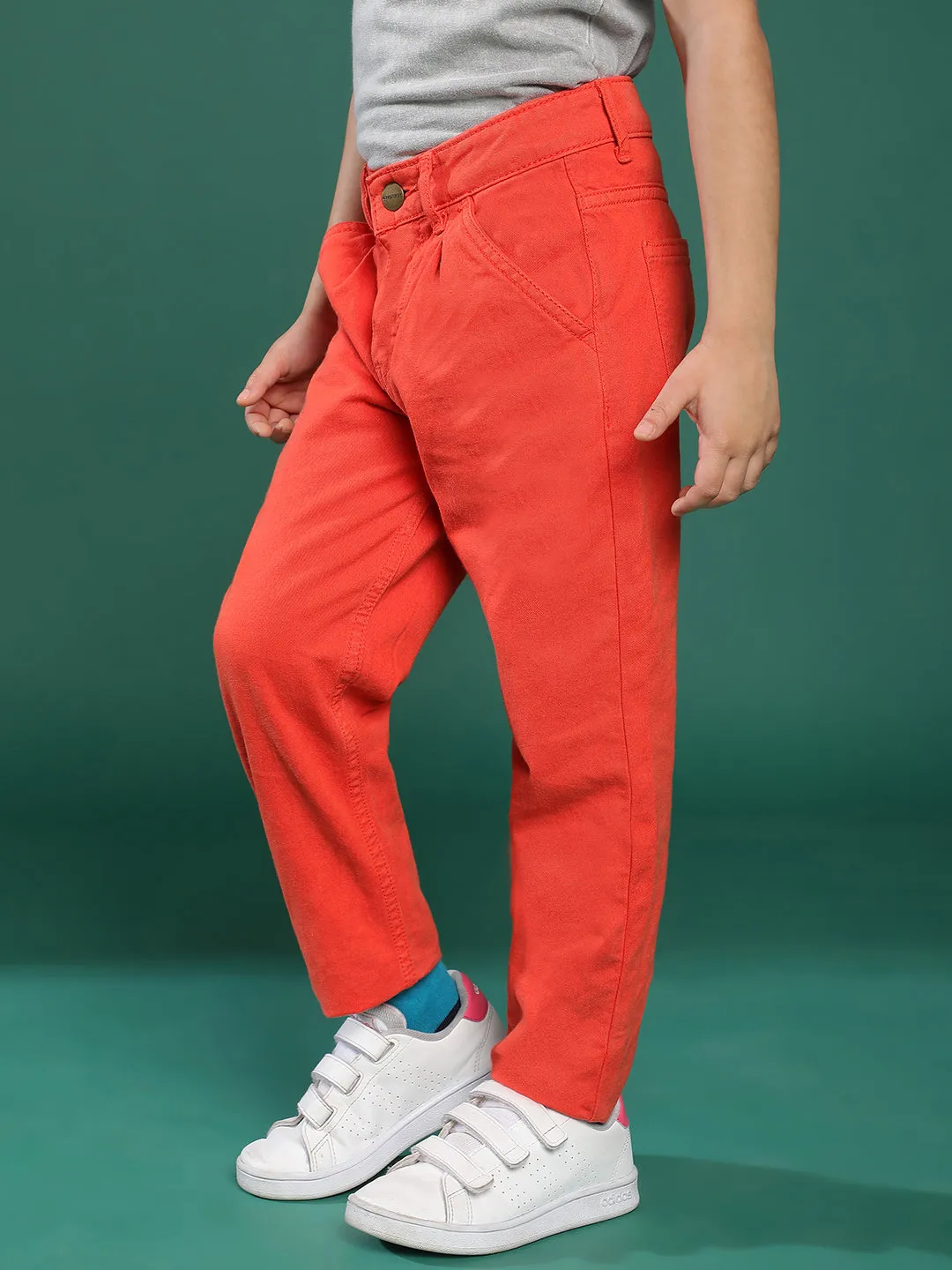 Boys Orange Solid Cotton Trouser