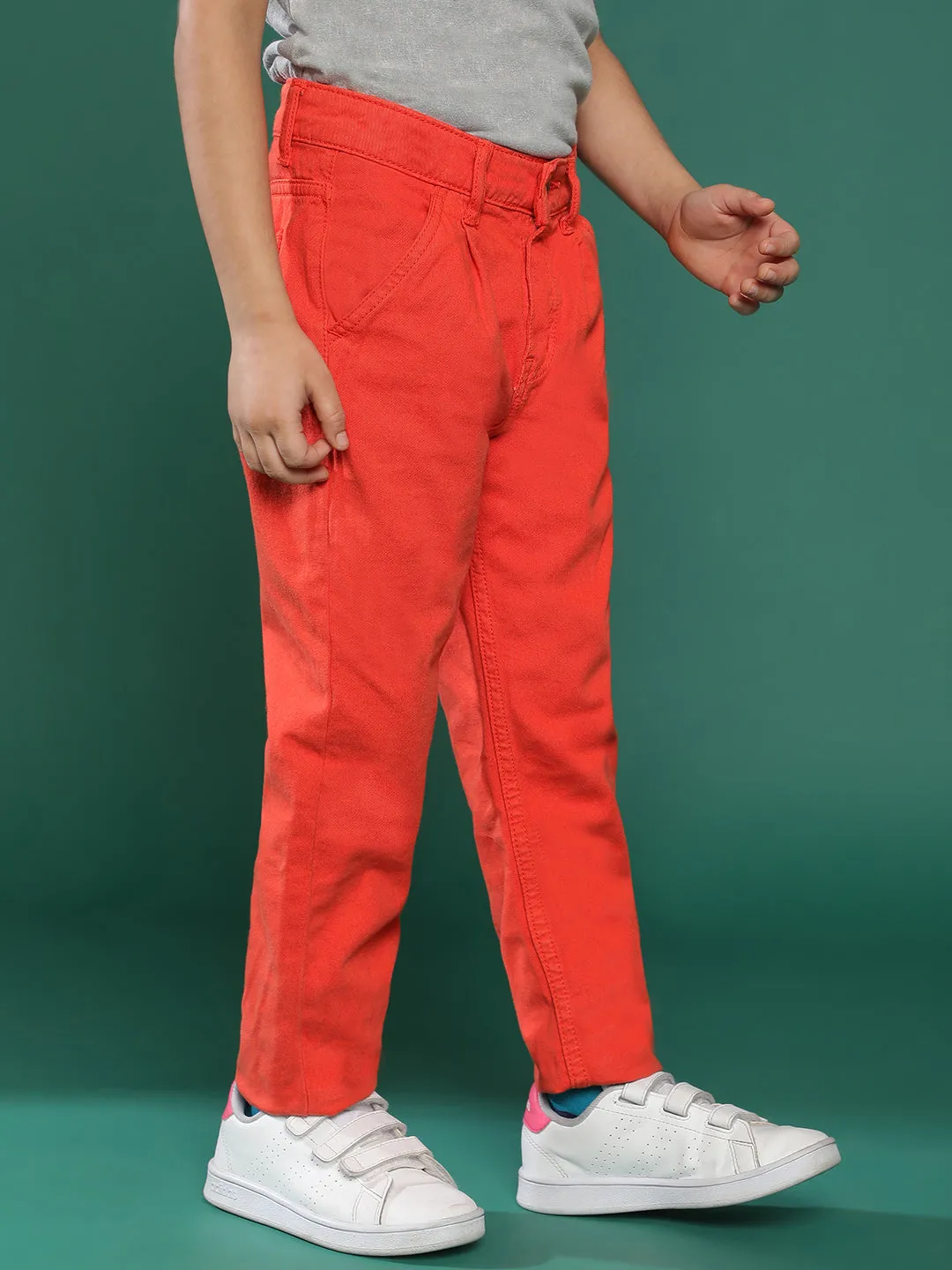 Boys Orange Solid Cotton Trouser