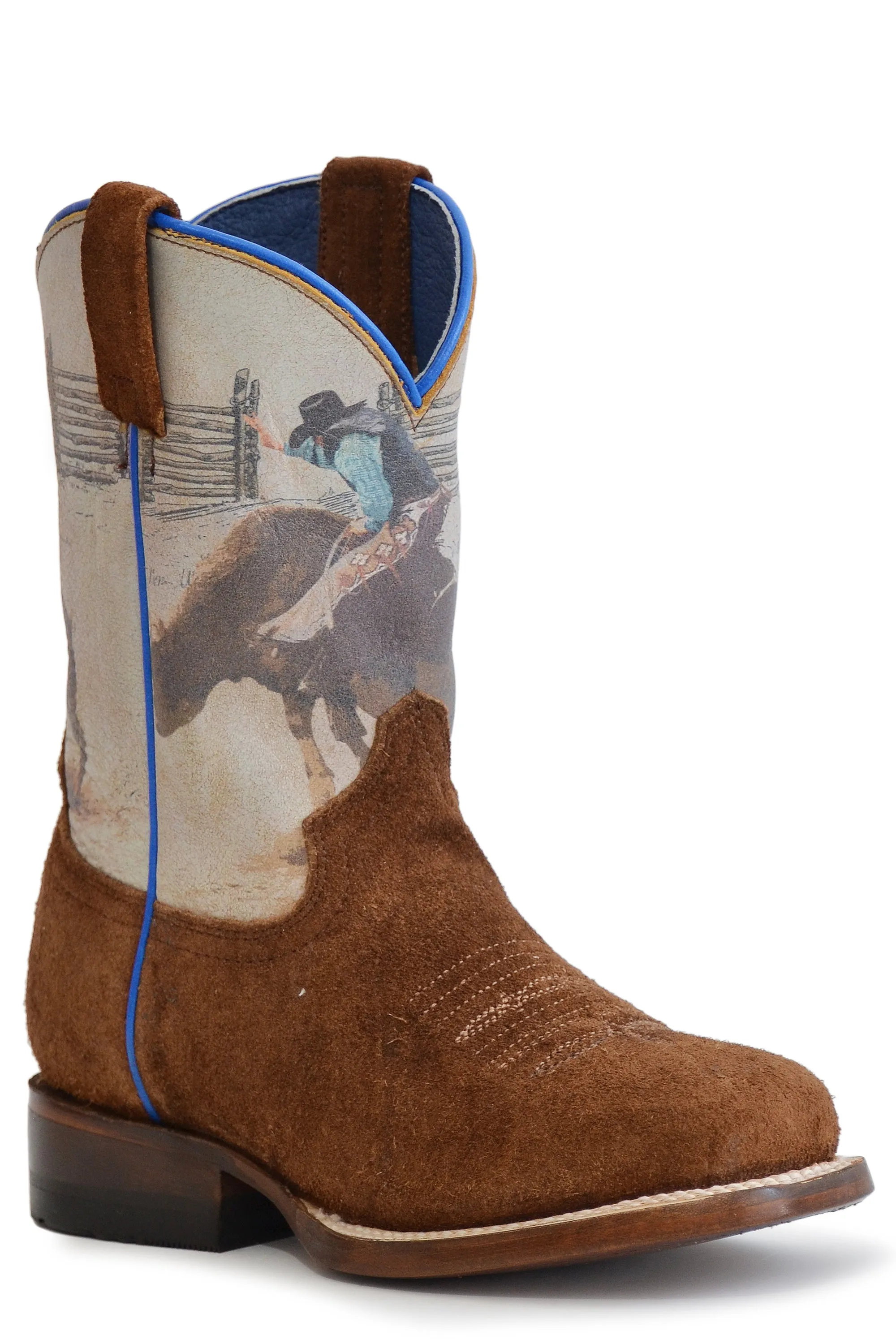 Boys Roper Brown Suede Square Toe Boot w/ Bull Rider Design