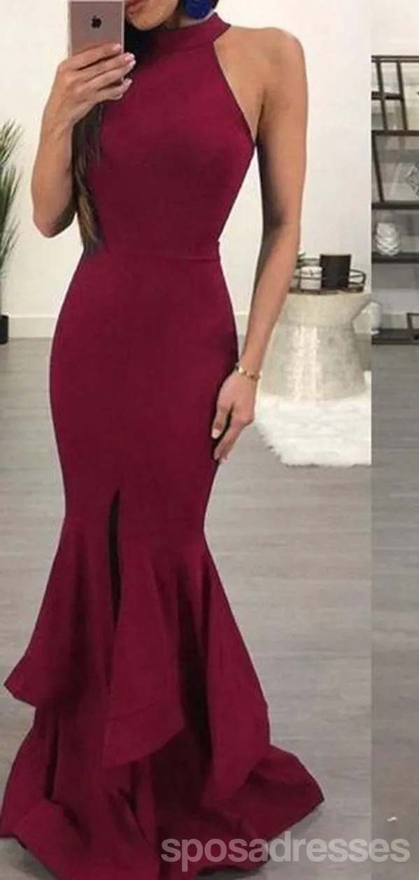 Burgundy Mermaid Halter Sleeveless Cheap Long Prom Dresses Online,12651