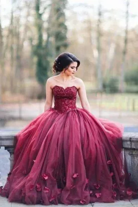 Charming Burgundy Tulle A-line Long Puffy Strapless Prom Dresses With Appliques, M288