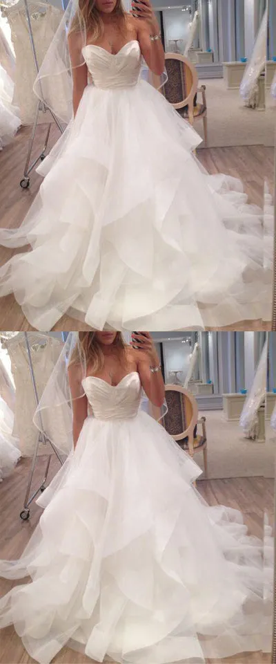 Charming Ivory Sweetheart A-line Strapless Tulle Long Beach Wedding Dresses, SW247