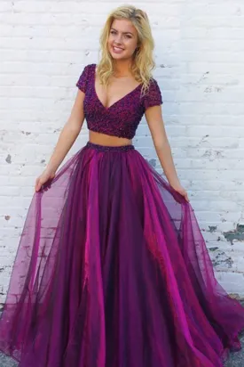 Charming Purple Two Piece Beaded Party Dress,Long Evening Dresses,Prom Dresses, M116