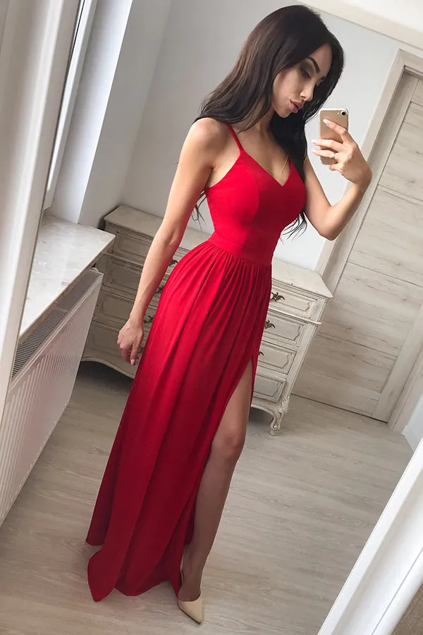 Cheap Red Chiffon A-Line Spaghetti Straps V-Neck Floor-Length Side Slit Prom Dress,M224