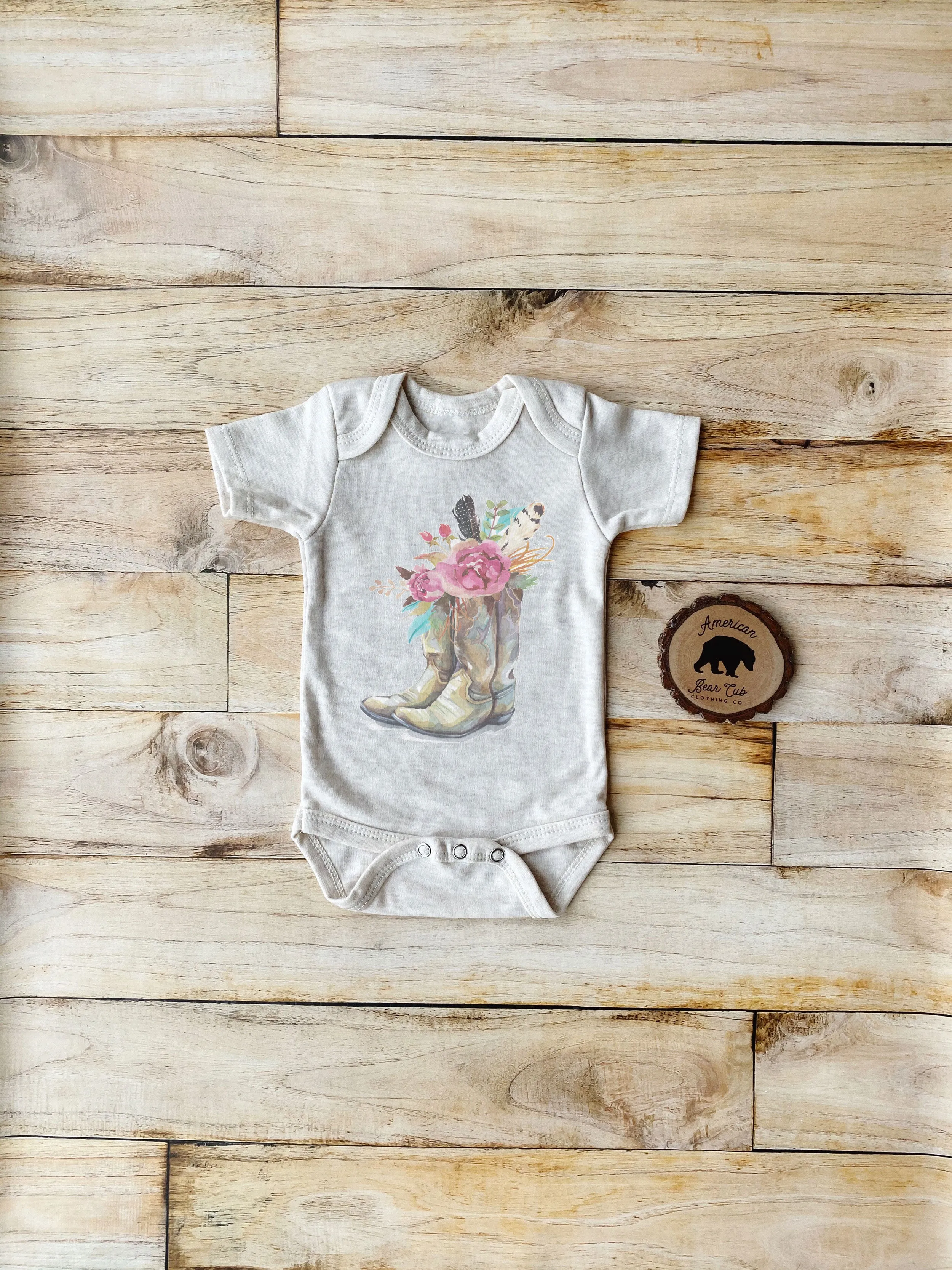 Country Boho Boots with Flowers and Feathers Bodysuits, Shirts & Raglans for Baby, Toddler & Youth