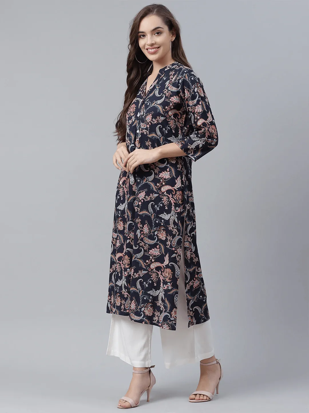 Divena Blue Printed Rayon Straight Kurti