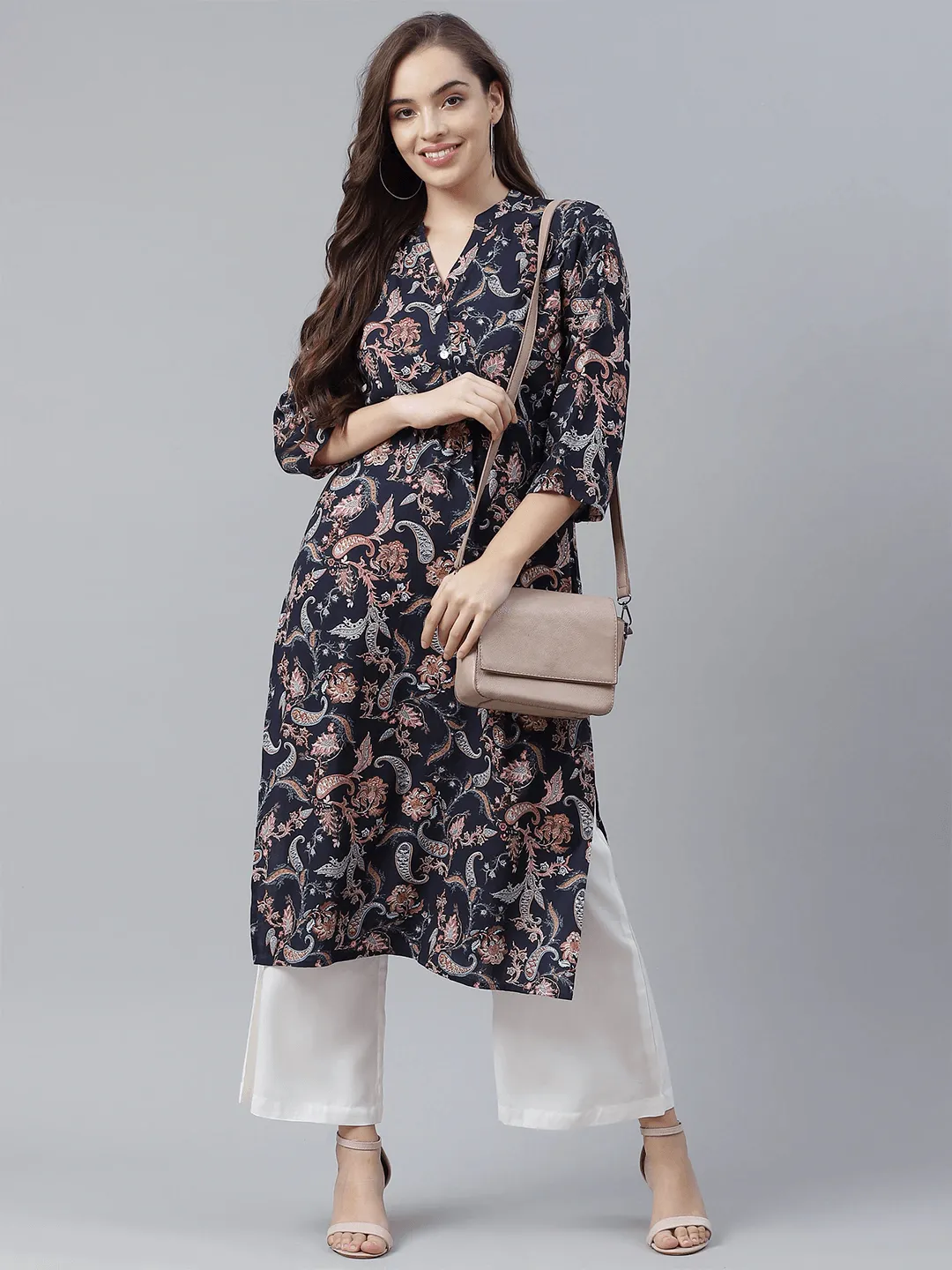 Divena Blue Printed Rayon Straight Kurti