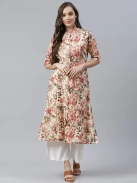 Divena Cream Cotton Floral Print A-line Kurta