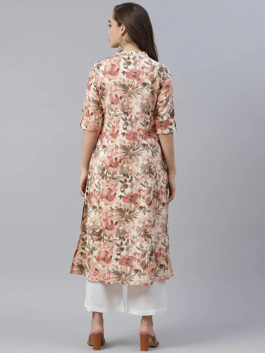 Divena Cream Cotton Floral Print A-line Kurta