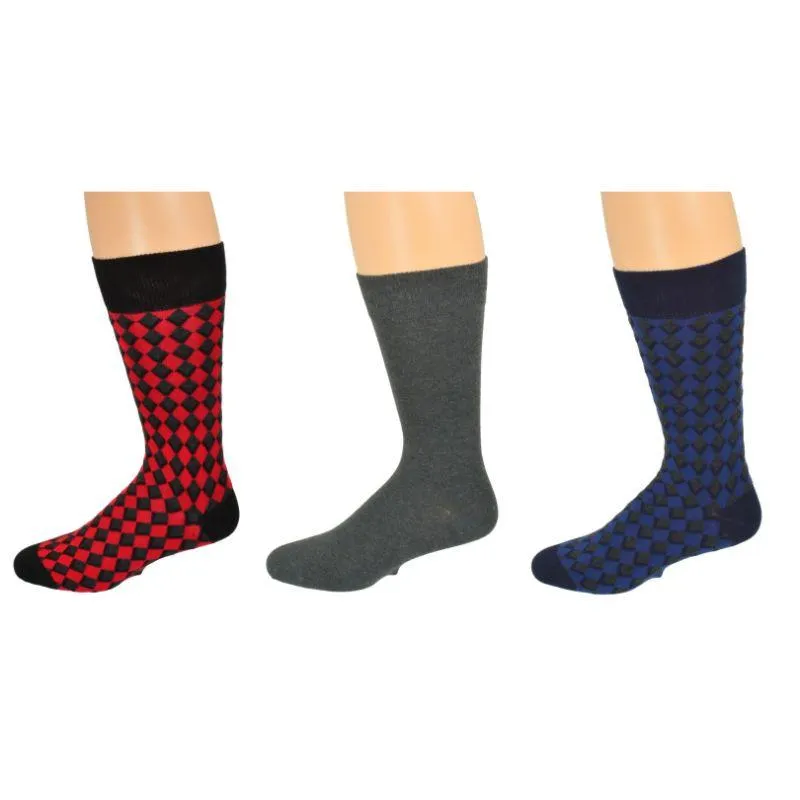 Dress Casual Combed Cotton Crew Diamond Pattern 3 Pair Pack Socks